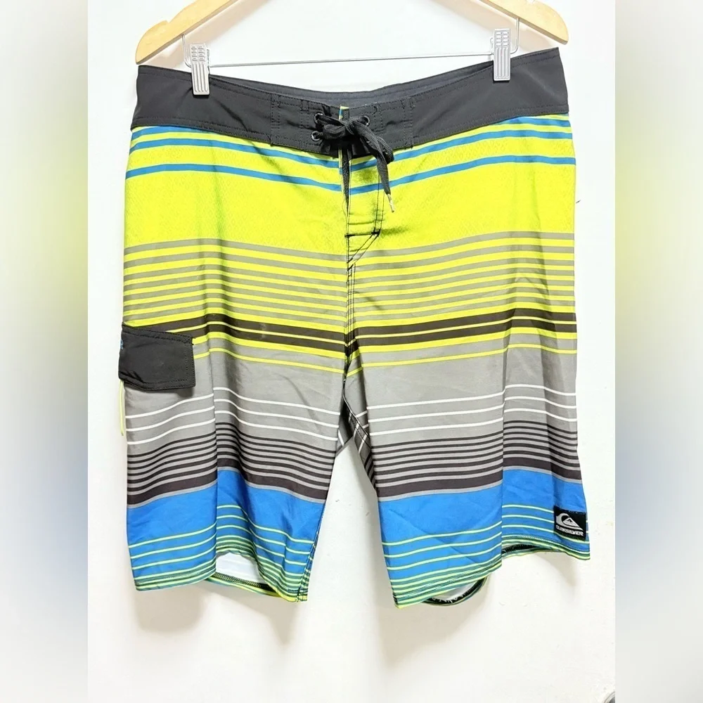 Quiksilver Men's Vibrant Striped Board Shorts - Lime, Blue, Charcoal